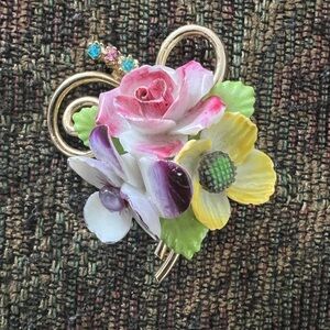 Coro Floral Enamel Brooch with Gold Accents and Rhinestones